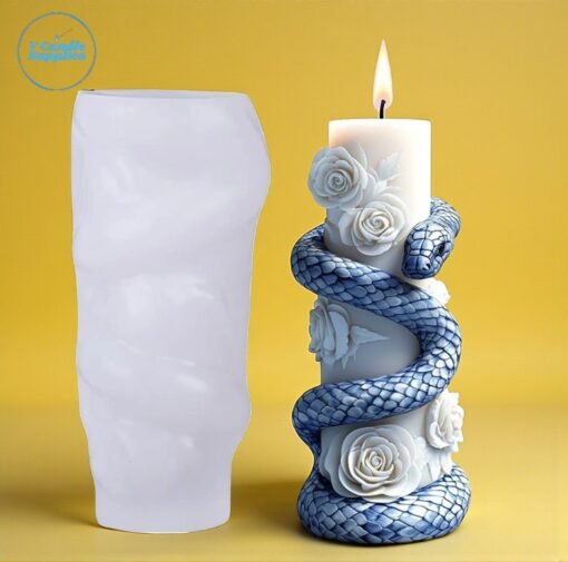 Blooming Rose Pillar Candle With Crawling Snake Silicon Mold - GK-RS-290 | Silicone Molds For Candle Making, Resin, & Plaster Craft