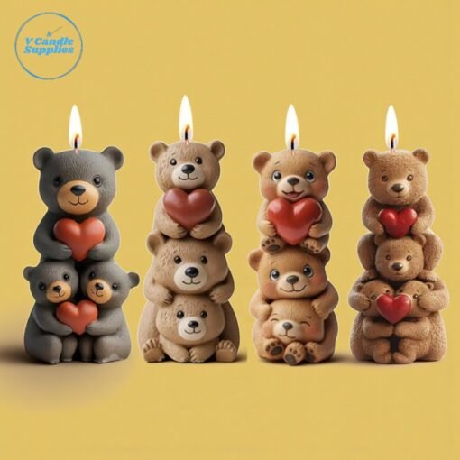 Three Teddy Bear Cubs With Heart Silicon Mold (4 Variations) | Silicone Molds For Candle Making, Resin, & Plaster Crafts