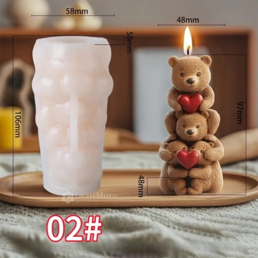 Three Teddy Bear Cubs With Heart Silicon Mold (4 Variations) | Silicone Molds For Candle Making, Resin, & Plaster Crafts