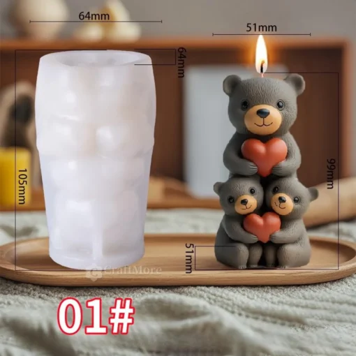 Three Teddy Bear Cubs With Heart Silicon Mold (4 Variations) | Silicone Molds For Candle Making, Resin, & Plaster Crafts