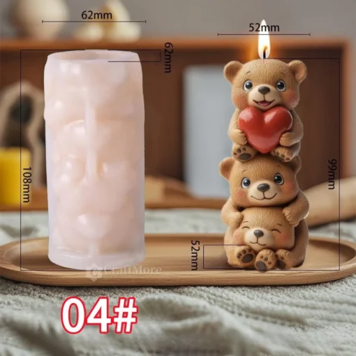 Three Teddy Bear Cubs With Heart Silicon Mold (4 Variations) | Silicone Molds For Candle Making, Resin, & Plaster Crafts